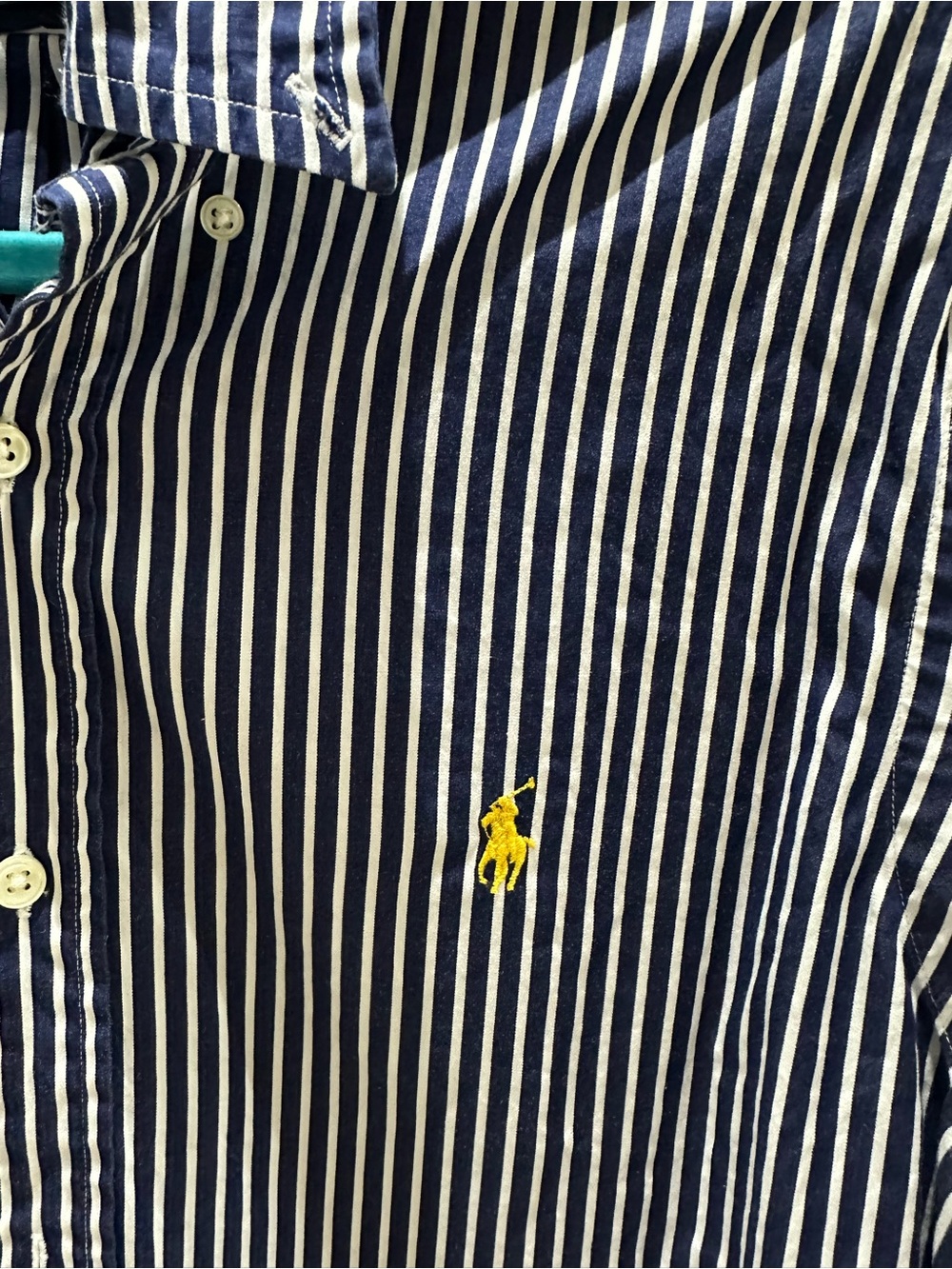 Ralph Lauren Navy and White Striped Button-Down Shirt with Yellow Pony - Picture 5 of 6